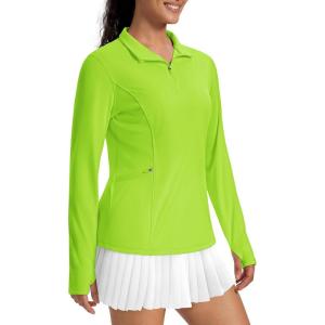 imageMAGCOMSEN 14 Zip Pullover Women Long Sleeve Quarter Zip UPF 50 Sun Shirts with Pocket Quick Dry Athletic Workout TopsFluorescent Green
