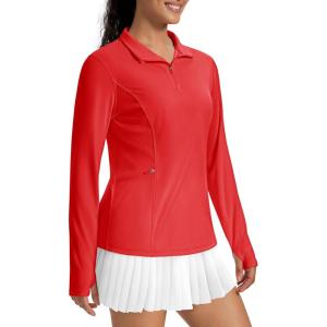 imageMAGCOMSEN 14 Zip Pullover Women Long Sleeve Quarter Zip UPF 50 Sun Shirts with Pocket Quick Dry Athletic Workout TopsRed
