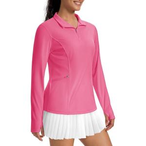 imageMAGCOMSEN 14 Zip Pullover Women Long Sleeve Quarter Zip UPF 50 Sun Shirts with Pocket Quick Dry Athletic Workout TopsRose Red