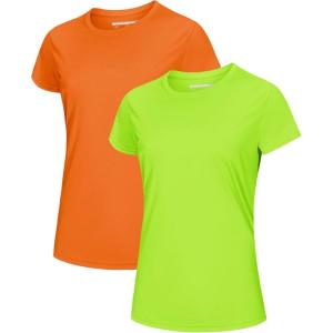 imageMAGCOMSEN 2 Pack Womens Short Sleeve TShirts UPF 50 Workout Running Quick Dry Athletic Rash Guard Swim TopFluorescent OrangeFluorescent Green