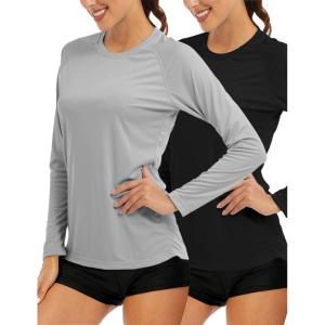 imageMAGCOMSEN Womens 2 Pack Long Sleeve Shirts UPF 50 Sun Protection Quick Dry Swim Shirt for Rash Guard Fishing Workout2 Packblack lgray