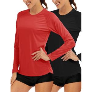imageMAGCOMSEN Womens 2 Pack Long Sleeve Shirts UPF 50 Sun Protection Quick Dry Swim Shirt for Rash Guard Fishing Workout2 Packblack tomato Red