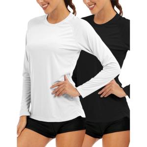 imageMAGCOMSEN Womens 2 Pack Long Sleeve Shirts UPF 50 Sun Protection Quick Dry Swim Shirt for Rash Guard Fishing Workout2 Packblack white