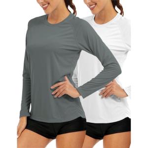 imageMAGCOMSEN Womens 2 Pack Long Sleeve Shirts UPF 50 Sun Protection Quick Dry Swim Shirt for Rash Guard Fishing Workout2 Packdark Grey white