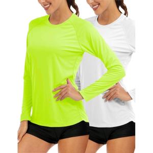imageMAGCOMSEN Womens 2 Pack Long Sleeve Shirts UPF 50 Sun Protection Quick Dry Swim Shirt for Rash Guard Fishing Workout2 Packwhite fluorescent Green