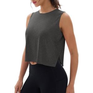 imageMAGCOMSEN Womens Crop Tank Tops Workout Sleeveless Shirts Loose Fit Gym Yoga Top with Side SlitsDark Grey