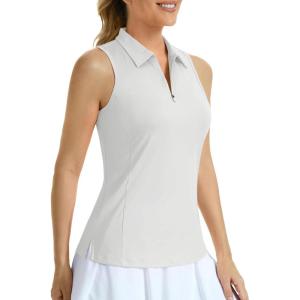 imageMAGCOMSEN Womens Golf Shirt Sleeveless Racerback Polo Shirts Zip Up UPF 50 Quick Dry Tennis Workout Athletic Tank TopsAwhite