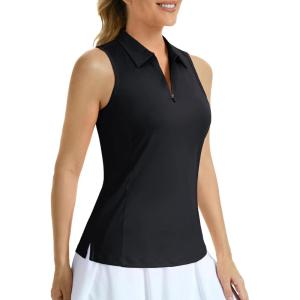 imageMAGCOMSEN Womens Golf Shirt Sleeveless Racerback Polo Shirts Zip Up UPF 50 Quick Dry Tennis Workout Athletic Tank TopsBlack