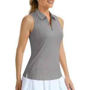 imageMAGCOMSEN Womens Golf Shirt Sleeveless Racerback Polo Shirts Zip Up UPF 50 Quick Dry Tennis Workout Athletic Tank TopsBrightgray