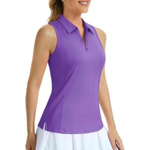 imageMAGCOMSEN Womens Golf Shirt Sleeveless Racerback Polo Shirts Zip Up UPF 50 Quick Dry Tennis Workout Athletic Tank TopsLight Purple