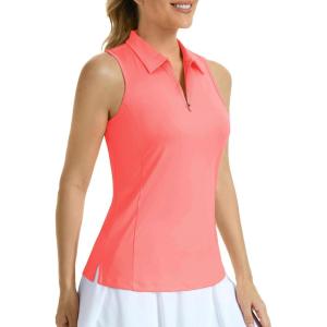 imageMAGCOMSEN Womens Golf Shirt Sleeveless Racerback Polo Shirts Zip Up UPF 50 Quick Dry Tennis Workout Athletic Tank TopsPink