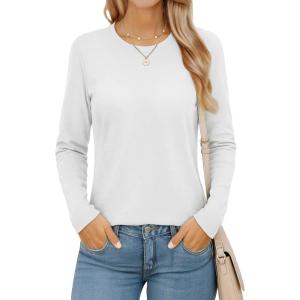 imageMAGCOMSEN Womens Long Sleeve Shirts Casual Crew Neck TShirt 2025 Basic Fall Tops Classicfit Tee Breathable Cotton TopWhite