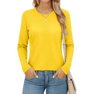 imageMAGCOMSEN Womens Long Sleeve Shirts Casual Crew Neck TShirt 2025 Basic Fall Tops Classicfit Tee Breathable Cotton TopYellow