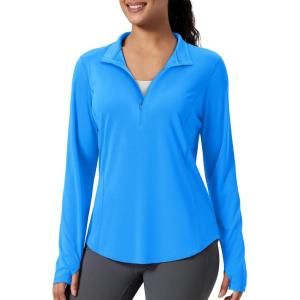 imageMAGCOMSEN Womens Long Sleeve Shirts Sun Protection Half 12 Zip Pullover Rash Guard Quick Dry Hiking Golf Workout TopsAzure
