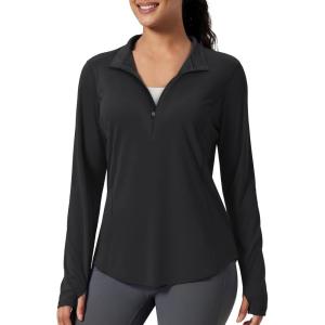 imageMAGCOMSEN Womens Long Sleeve Shirts Sun Protection Half 12 Zip Pullover Rash Guard Quick Dry Hiking Golf Workout TopsBlack