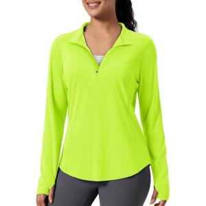 imageMAGCOMSEN Womens Long Sleeve Shirts Sun Protection Half 12 Zip Pullover Rash Guard Quick Dry Hiking Golf Workout TopsFluorescent Green