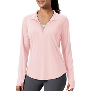 imageMAGCOMSEN Womens Long Sleeve Shirts Sun Protection Half 12 Zip Pullover Rash Guard Quick Dry Hiking Golf Workout TopsLight Pink