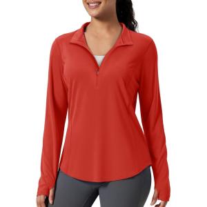 imageMAGCOMSEN Womens Long Sleeve Shirts Sun Protection Half 12 Zip Pullover Rash Guard Quick Dry Hiking Golf Workout TopsRed