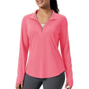 imageMAGCOMSEN Womens Long Sleeve Shirts Sun Protection Half 12 Zip Pullover Rash Guard Quick Dry Hiking Golf Workout TopsRose Red