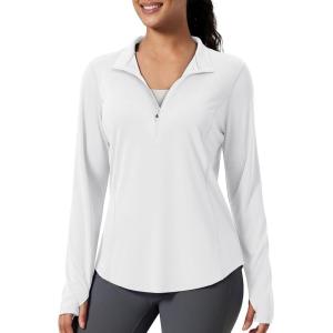 imageMAGCOMSEN Womens Long Sleeve Shirts Sun Protection Half 12 Zip Pullover Rash Guard Quick Dry Hiking Golf Workout TopsWhite