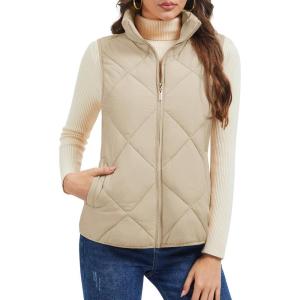 imageMAGCOMSEN Womens Puffer Vest Sleeveless Lightweight Winter Jackets Quilted Zip Up Coats Stand Collar Padded Outerwear VestsChampagne