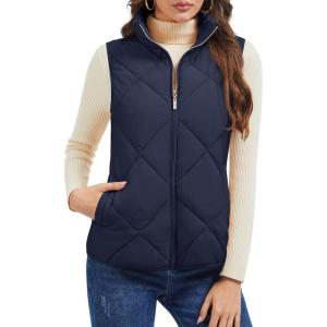 imageMAGCOMSEN Womens Puffer Vest Sleeveless Lightweight Winter Jackets Quilted Zip Up Coats Stand Collar Padded Outerwear VestsNavy