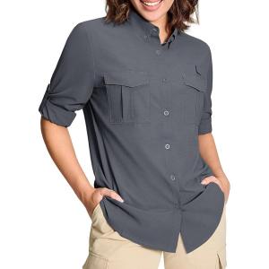 imageMAGCOMSEN Womens UPF 50 Long Sleeve Fishing Shirts UV Sun Protection Quick Dry Button Down Safari Hiking Travel ShirtsDarkgrey