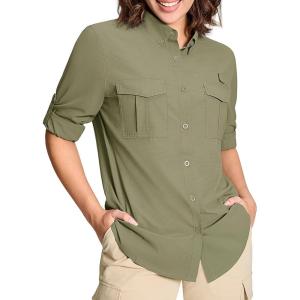 imageMAGCOMSEN Womens UPF 50 Long Sleeve Fishing Shirts UV Sun Protection Quick Dry Button Down Safari Hiking Travel ShirtsGreygreen