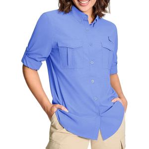 imageMAGCOMSEN Womens UPF 50 Long Sleeve Fishing Shirts UV Sun Protection Quick Dry Button Down Safari Hiking Travel ShirtsLightblue