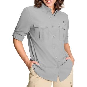 imageMAGCOMSEN Womens UPF 50 Long Sleeve Fishing Shirts UV Sun Protection Quick Dry Button Down Safari Hiking Travel ShirtsLightgrey