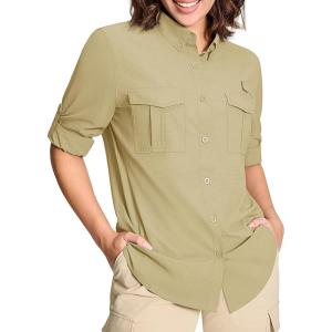 imageMAGCOMSEN Womens UPF 50 Long Sleeve Fishing Shirts UV Sun Protection Quick Dry Button Down Safari Hiking Travel ShirtsLightkhaki