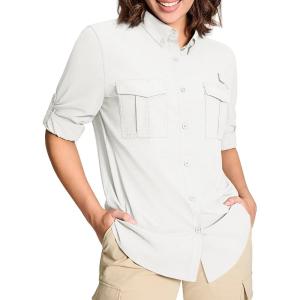 imageMAGCOMSEN Womens UPF 50 Long Sleeve Fishing Shirts UV Sun Protection Quick Dry Button Down Safari Hiking Travel ShirtsWhite