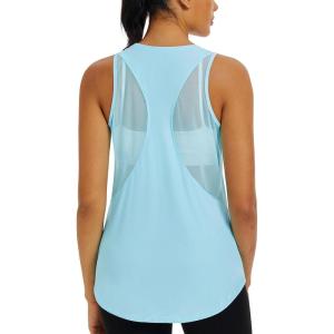 imageMAGCOMSEN Womens Workout Tops Racerback Tank Tops Mesh Back Breathable Sleeveless Quick Dry Running Athletic ShirtsLight Blue