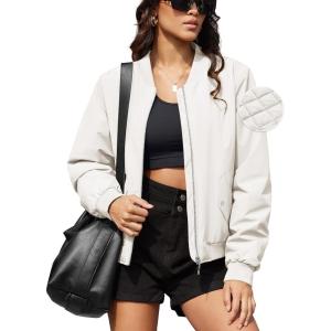 imageMAGCOMSEN Womens Bomber Jacket Casual Quilted Lined Coat Zip Up Winter Fall Windbreaker Fashion Outerwear with PocketsBeige