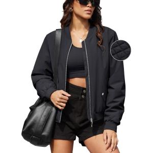 imageMAGCOMSEN Womens Bomber Jacket Casual Quilted Lined Coat Zip Up Winter Fall Windbreaker Fashion Outerwear with PocketsBlack
