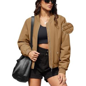 imageMAGCOMSEN Womens Bomber Jacket Casual Quilted Lined Coat Zip Up Winter Fall Windbreaker Fashion Outerwear with PocketsBrown