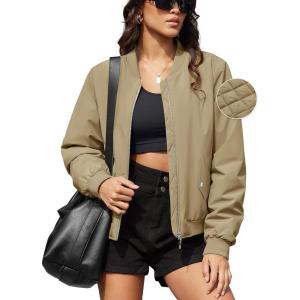 imageMAGCOMSEN Womens Bomber Jacket Casual Quilted Lined Coat Zip Up Winter Fall Windbreaker Fashion Outerwear with PocketsKhaki