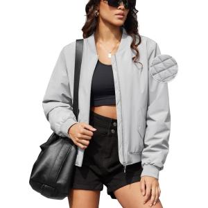 imageMAGCOMSEN Womens Bomber Jacket Casual Quilted Lined Coat Zip Up Winter Fall Windbreaker Fashion Outerwear with PocketsLight Grey