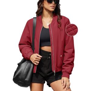 imageMAGCOMSEN Womens Bomber Jacket Casual Quilted Lined Coat Zip Up Winter Fall Windbreaker Fashion Outerwear with PocketsWine Red