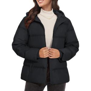 imageMAGCOMSEN Womens Down Puffer Jacket with Hood Lightweight Thermal Quilted Coat with Pockets Zipup Winter Warm JacketBlack