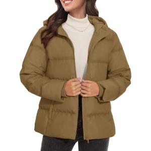 imageMAGCOMSEN Womens Down Puffer Jacket with Hood Lightweight Thermal Quilted Coat with Pockets Zipup Winter Warm JacketBrown