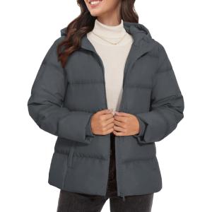 imageMAGCOMSEN Womens Down Puffer Jacket with Hood Lightweight Thermal Quilted Coat with Pockets Zipup Winter Warm JacketDark Grey