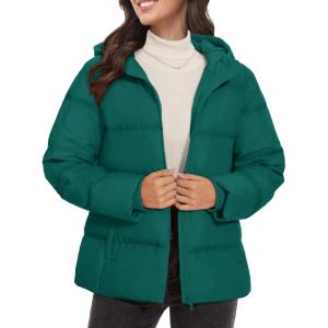 imageMAGCOMSEN Womens Down Puffer Jacket with Hood Lightweight Thermal Quilted Coat with Pockets Zipup Winter Warm JacketEmerald Green