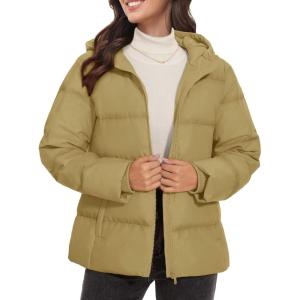 imageMAGCOMSEN Womens Down Puffer Jacket with Hood Lightweight Thermal Quilted Coat with Pockets Zipup Winter Warm JacketKhaki