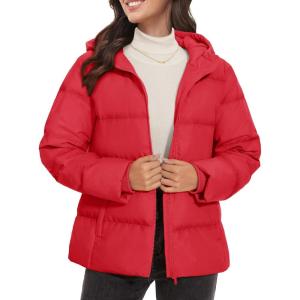imageMAGCOMSEN Womens Down Puffer Jacket with Hood Lightweight Thermal Quilted Coat with Pockets Zipup Winter Warm JacketTomato Red