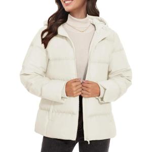 imageMAGCOMSEN Womens Down Puffer Jacket with Hood Lightweight Thermal Quilted Coat with Pockets Zipup Winter Warm JacketWhite
