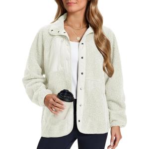 imageMAGCOMSEN Womens Fleece Jackets Fuzzy Button Down Sherpa Jacket Winter Warm Coat Casual Outwear with PocketsBeige
