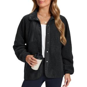 imageMAGCOMSEN Womens Fleece Jackets Fuzzy Button Down Sherpa Jacket Winter Warm Coat Casual Outwear with PocketsBlack