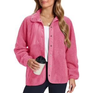imageMAGCOMSEN Womens Fleece Jackets Fuzzy Button Down Sherpa Jacket Winter Warm Coat Casual Outwear with PocketsRose Red