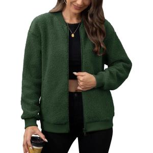 imageMAGCOMSEN Womens Sherpa Fleece Jacket Long Sleeve Fuzzy Comfy Fall Coat Bomber Zip Up Winter Jackets with PocketsArmygreen